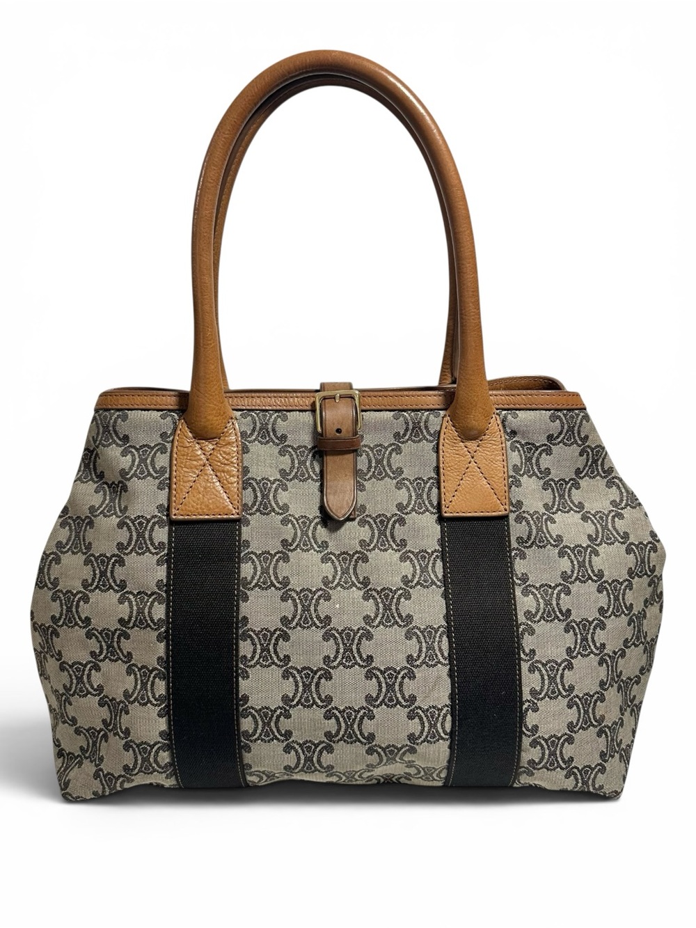 Celine Tan Leather & Taupe Macadam Canvas Buckle Tote Bag
